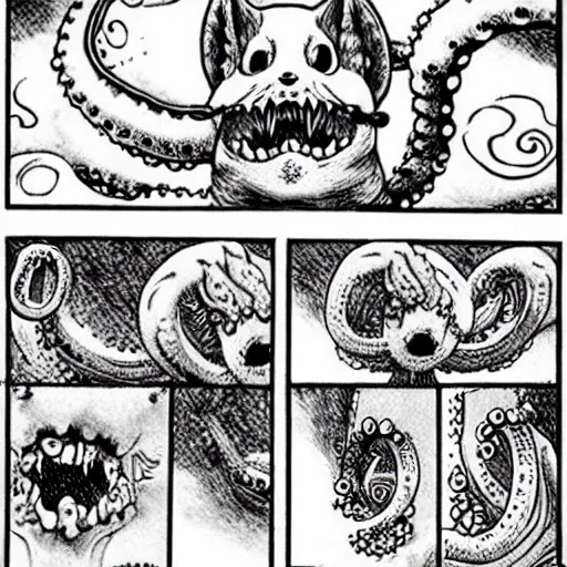 Prompt: terrifying corgi demon with tentacles, manga, drawn by junji ito, dark, horror, swirls