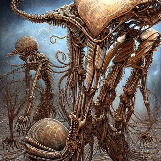 Image similar to organic cyborg alien skeleton style of peter gric Lovecraftian alien centipede dark celestial