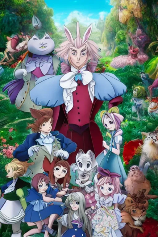 Image similar to Promotional poster from the new Alice in Wonderland anime remake where all the characters are anthropomorphic animals dressed in human clothes. Alice is in the foreground. Layered multiple character pose