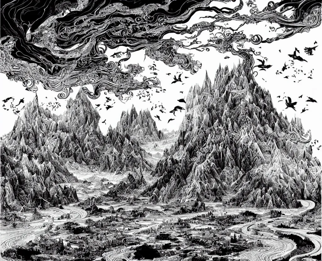 Image similar to impressive fantasy landscape, beautiful line art, ink illustration, pure b&w, white frame