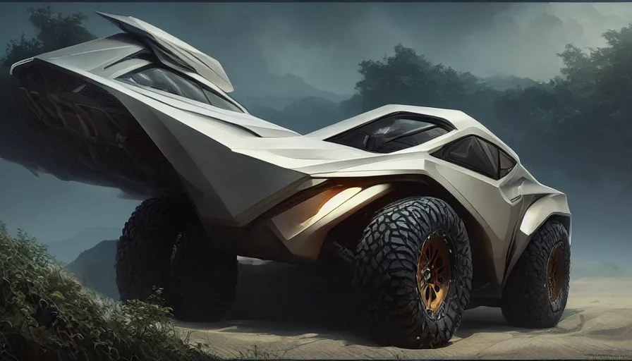 Image similar to a futuristic offroad suv by artgerm and greg rutkowski and alphonse mucha, zaha hadid, an epic fantasy, volumetric light, detailed, trending on art station, octane render, midsommar