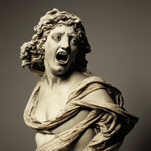 Prompt: studio portrait, a roman revival black marble statue of a screaming roman woman with her face and torso covered in an intricate golden fishing net