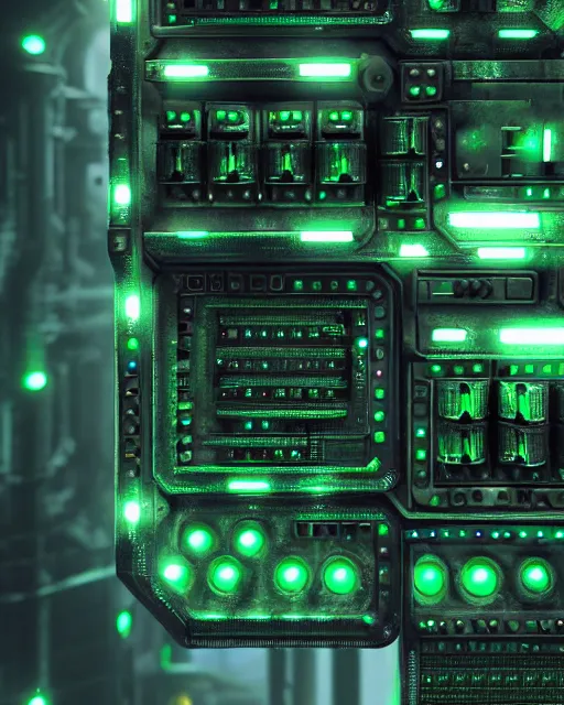 Prompt: green scifi greeble corroded metallic control board with wires and metal dieselpunk control board filled with buttons and computer chips cryengine 8 k resolution 8 k 3 d vray unreal engine volumetric lighting behance