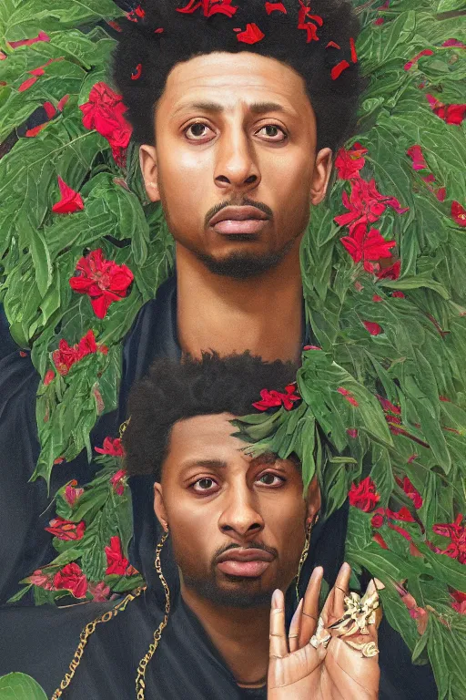 Image similar to breathtaking detailed concept art painting of 2 1 savage, orthodox saint, with anxious, piercing eyes, ornate background, amalgamation of leaves and flowers, by hsiao - ron cheng, extremely moody lighting, 8 k