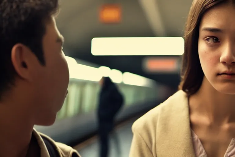 Prompt: vfx film closeup couple in a train station flat color profile low - key lighting award winning photography arri alexa cinematography, beautiful natural skin, famous face, atmospheric cool color - grade