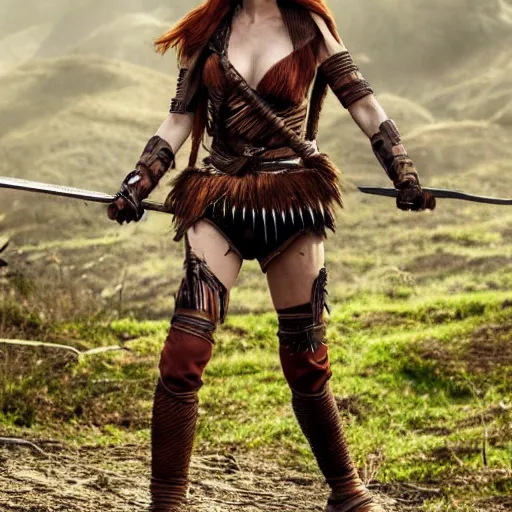 Prompt: full body photo of karen gillan as an amazon warrior with weapons