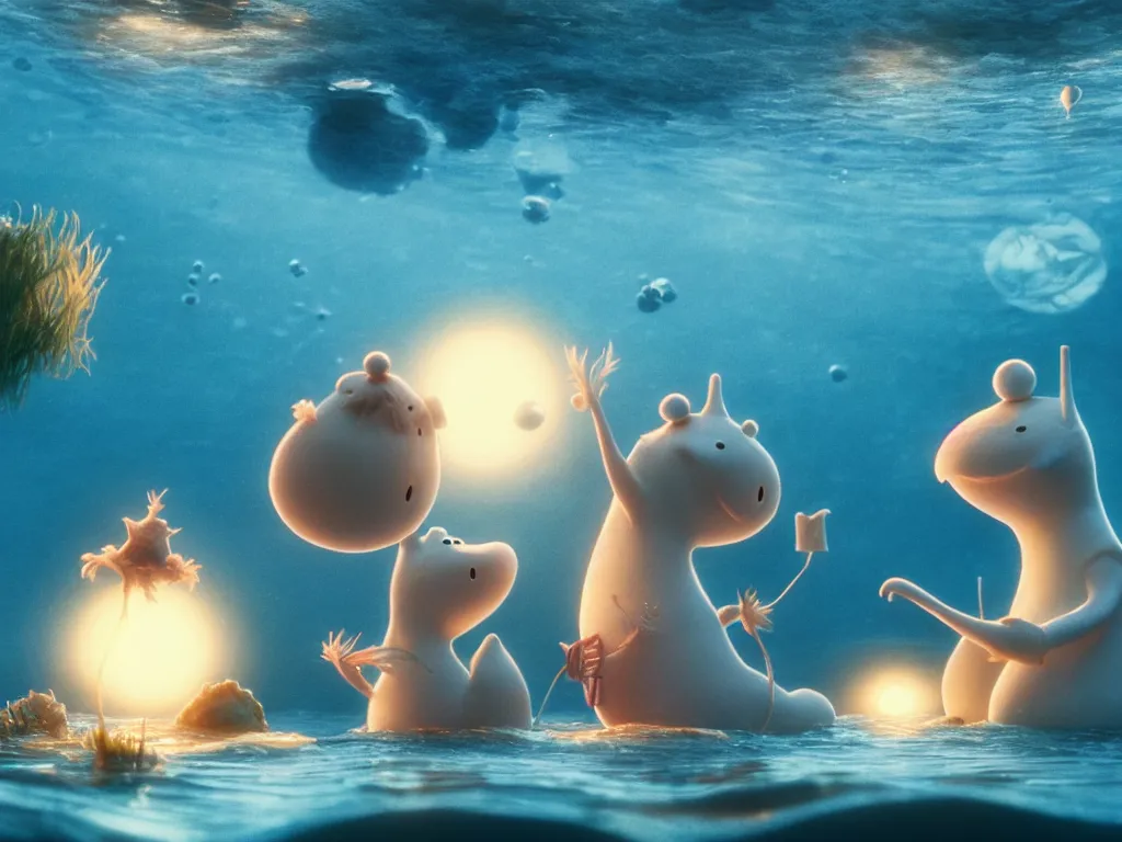 Image similar to underwater moomins discovering the water planet, photorealistic painting, cgi, low volumetric light, movie still, very cute and cozy and fluffy and sweet