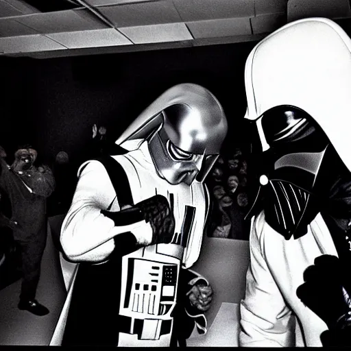 Prompt: 90s black and white photo of darth vader and eminem in a rap battle, slightly blury