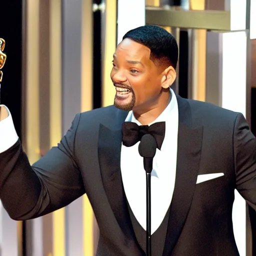 Image similar to Will Smith slapping The Terminator at the Oscars, photo