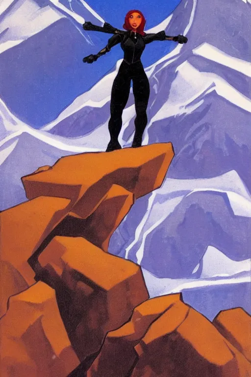 Image similar to black widow ( natasha romanova ) on mountains, marvel, artwork by nicholas roerich,