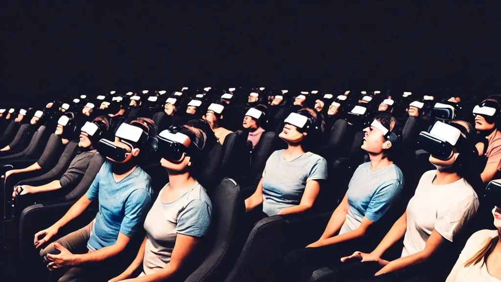 Image similar to people in a busy very dark movie theatre, all of they are wearing vr headsets with art direction by salvador dali, wide lens