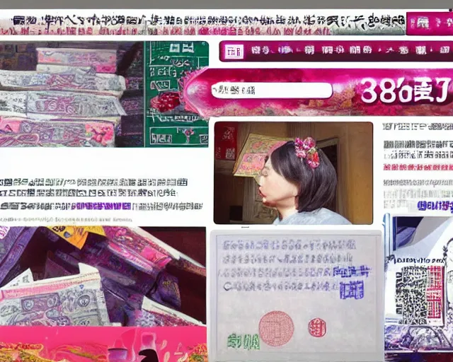 Image similar to old ancient chinese website full of spam. internet explorer window is glitching out. mum wtf | vapor wave ancient chinese website full of money. get rich now