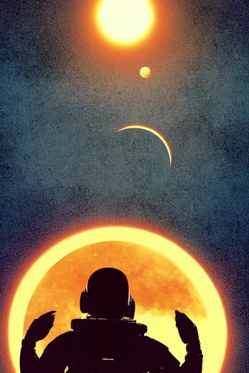 Prompt: long shot from behind of an astronaut floating alone in space silhouetted against the sun, dramatic backlighting, somber, solar eclipse, golden hour, low-key lighting, kodachrome, color contrast, high contrast, highly detailed, sharp focus, digital painting, concept art, illustration, trending on artstation, art by greg rutkowski + greg hildebrandt + alphonse mucha