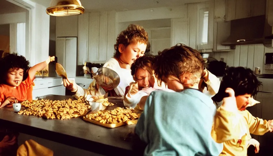 Image similar to 1 9 9 0 s candid 3 5 mm photo of a beautiful day in the family kitchen, cinematic lighting, cinematic look, golden hour, a real tiger is forcing the children to eat cereal, uhd