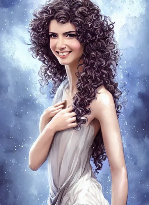 Image similar to beautiful female angel, brunette with big smile and curly hairstyle, looks like Ebru Şahin, Reyyan, looks like Fabiula Nascimento, looks like Laura Barriales, D&D, fantasy, intricate, elegant, highly detailed, digital painting, artstation, concept art, character design, smooth, sharp focus, illustration, art by artgerm and greg rutkowski and alphonse mucha