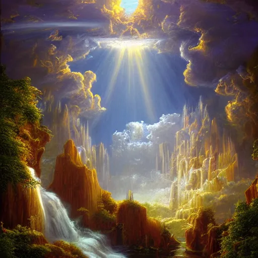 Image similar to realistic detailed view of heaven by terance james bond, russell chatham, greg olsen, thomas cole, james e reynolds, photorealistic, fairytale, art nouveau, white light, gold color, illustration, concept design, storybook layout, story board format