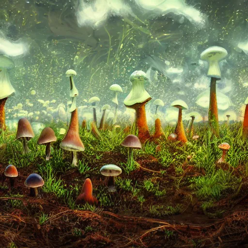 Prompt: mycelium like neural networks under plowed land, various exotic mushrooms grow on the ground, in the background there is a beautiful landscape, trending in ArtStation, 8k resolution