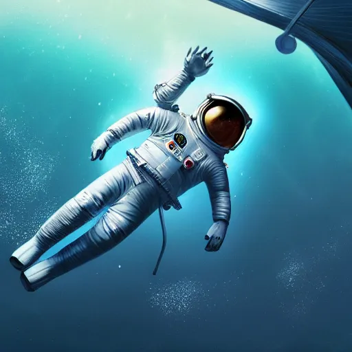 Image similar to an astronaut floating horizontally in the middle of deep underwater being hit by sun rays, trending on art station, atmosphere, concept art, photo realistic, high detailed