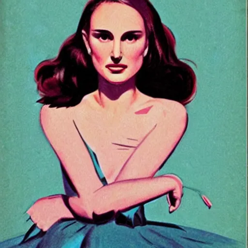 Image similar to “Natalie Portman portrait, color vintage magazine illustration 1950”