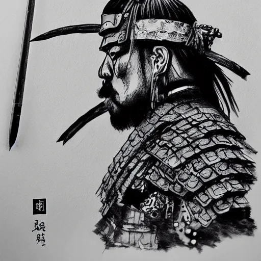 Image similar to intricate, realistic ink drawing of a samurai in a splash of ink, 8 k