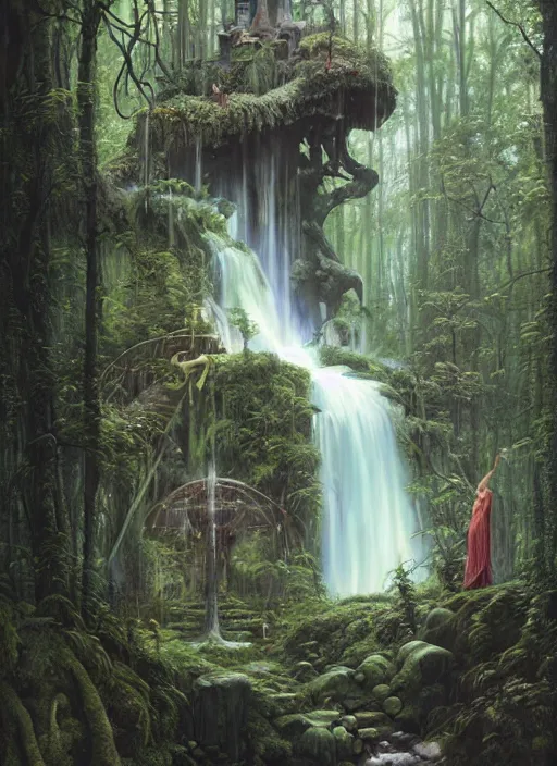 Image similar to a hyper realistic architectural witch shrine under a waterfall in the woods, gorgeous lighting, lush forest foliage, painting by chiara bautista and tom bagshaw, muca beksinski and norman rockwell and greg rutkowski weta studio, and lucasfilm