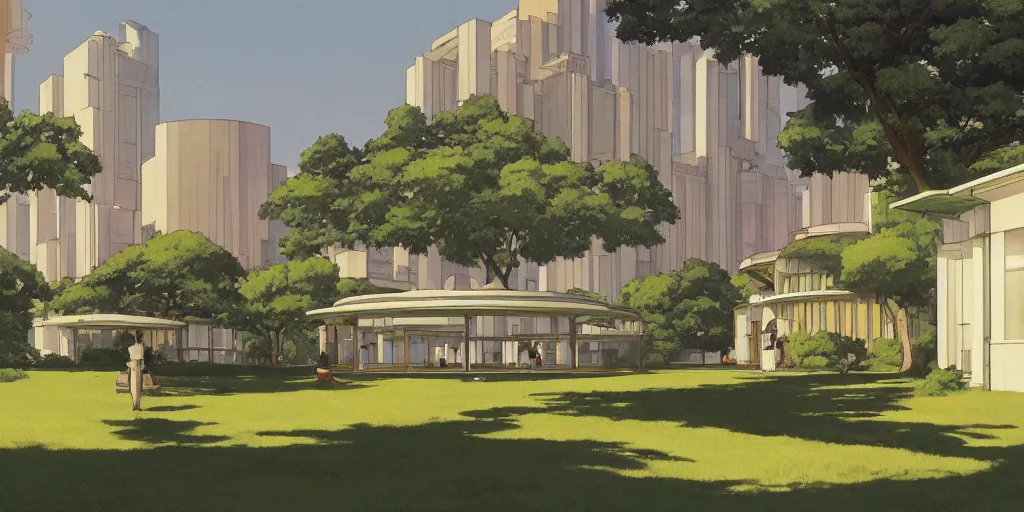 Prompt: A solarpunk round white sci-fi building in a city park, by Studio Ghibli and Edward Hopper