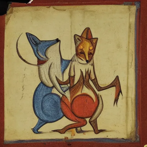 Prompt: anthropomorphic fox dueling with a wolf, illuminated manuscript