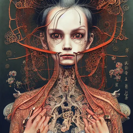 Image similar to beautiful portrait painted in jacek yerka aykut aydogdu and leslie zhang style drawn by vania zouravliov and takato yamamoto, inspired by cyberpunk, intricate acrylic gouache painting, high detail, sharp high detail, artstation, manga and anime