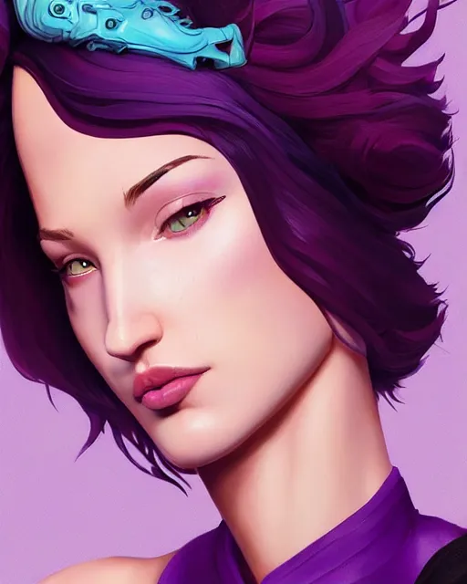 Prompt: beautiful Bella Hadid purple hair tattoos symmetrical face eyes full body fantasy art icon, 3d art gta5 cover, official fanart behance hd artstation by Jesper Ejsing, by RHADS, Makoto Shinkai and Lois van baarle, ilya kuvshinov, rossdraws