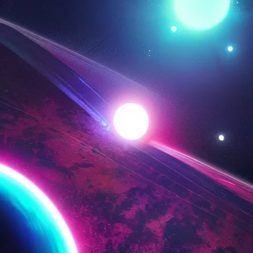 Image similar to planet in space, neon, retro, synthwave, 4 k, highly detailed, cgsociety, trending on artstion, matte painting, concept art, artdevian, digital art