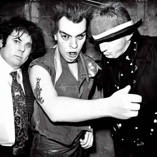 Prompt: syd vicious and johhny rotten, fighting baackstage, press photograph, high contrast, flash photography, wide angle