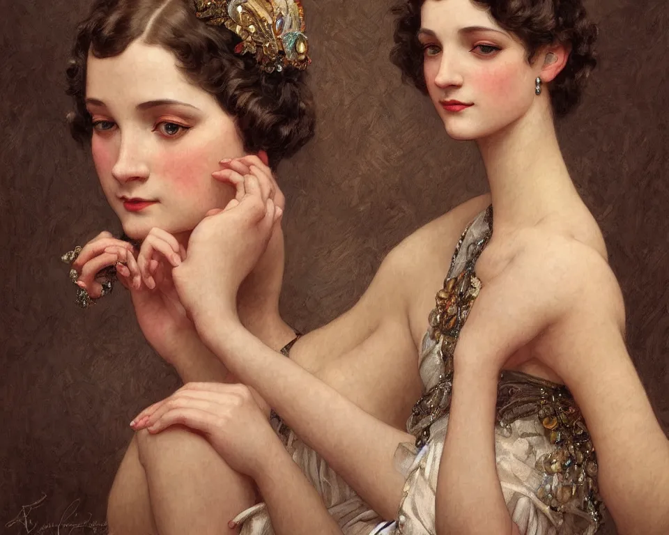 Image similar to portrait beautiful flapper girl, intricate, elegant, highly detailed, 1 9 2 0's style speakeasy, digital painting, artstation, concept art, smooth, sharp focus, illustration, art by artgerm and greg rutkowski and alphonse mucha and william - adolphe bouguereau