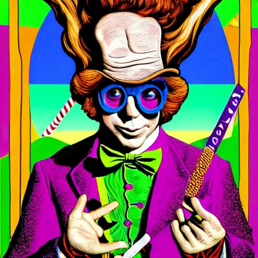 Image similar to graphic illustration, creative design, willy wonka as baphomet, biopunk, francis bacon, highly detailed, hunter s thompson, mixed media