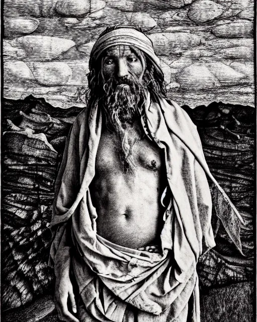 Prompt: a desert druid wearing bandages all over his body, full body, hyper realism, fine details, deviantart artstation, extremely detailed, black and white, very sharp, in the style of albrecht durer, etching,