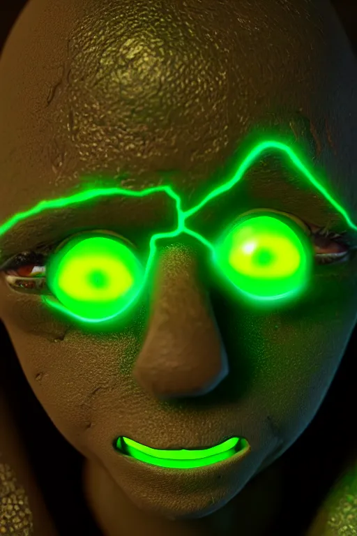 Prompt: happy golem face portrait, green glowing eye, close up, awarded animation, cinematic lightning, octane render, unreal engine