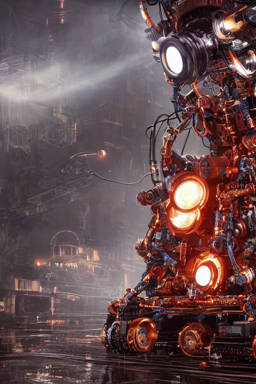 Prompt: an extremely intricately hyper detailed robot lots of cables and lights and connections, highly detailed perfect render, realism. concept art. unreal engine 5, f / 1. 8, v - ray, ultra hd, 8 k, atmospheric beautiful background and beautiful lighting. iron forge background lots of sparks and fire. god rays, volumetric lighting. hyper realism.