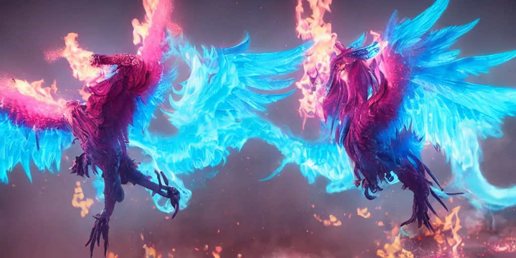 Image similar to pink and blue flaming phoenix, character portrait, unreal engine 5, intricate, detailed, realistic, masterpiece