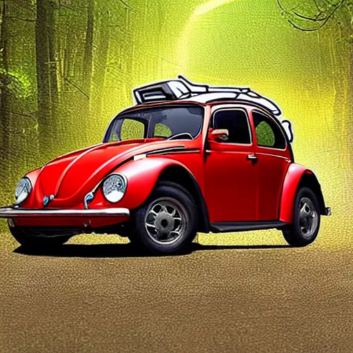 Image similar to promotional scifi - blockbuster movie scene of a ladybug imitating a'glossy volkswagen beetle '. it wings and is flying down a dusty backroad along a gentle creek in smokey mountains tennessee. cinematic, muted dramtic color, 4 k, imax, 7 0 mm, hdr