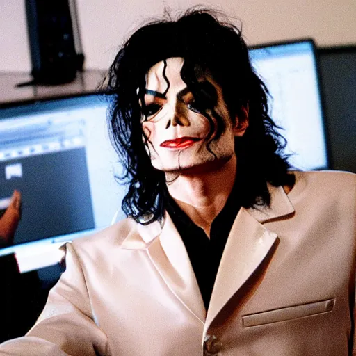 Prompt: Michael Jackson angry at his computer in a Discord server