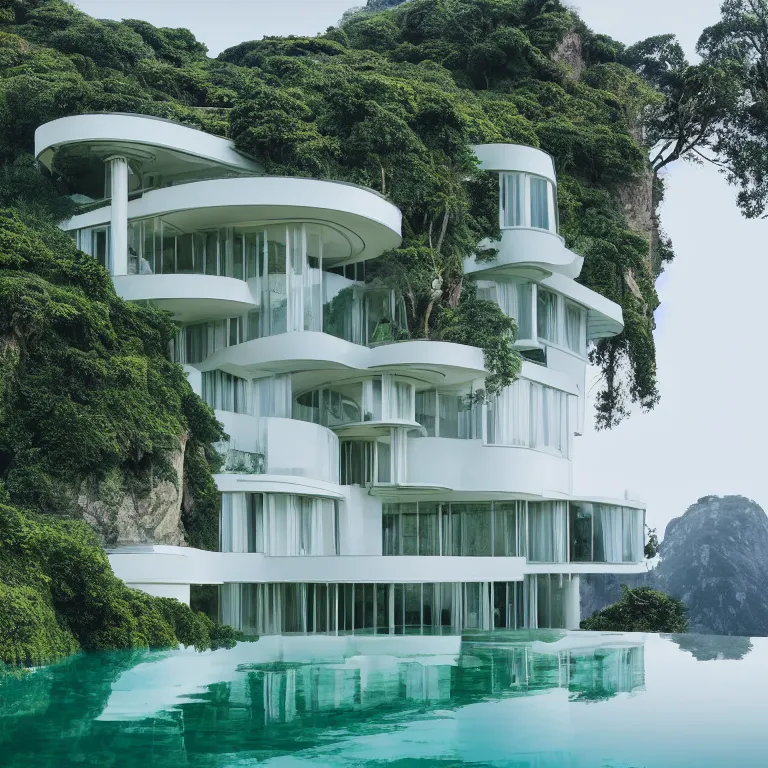 Prompt: photo by josh pierce and prateek vatash and roman bratschi, a giant huge smooth sleek beautiful mid - century modern revival mansion palace with green plants and giant reflective windows on a huge scenic cliff overlooking the ocean, 4 d, 4 k, ray tracing reflections, volumetric lighting and shadows, haze, light beams