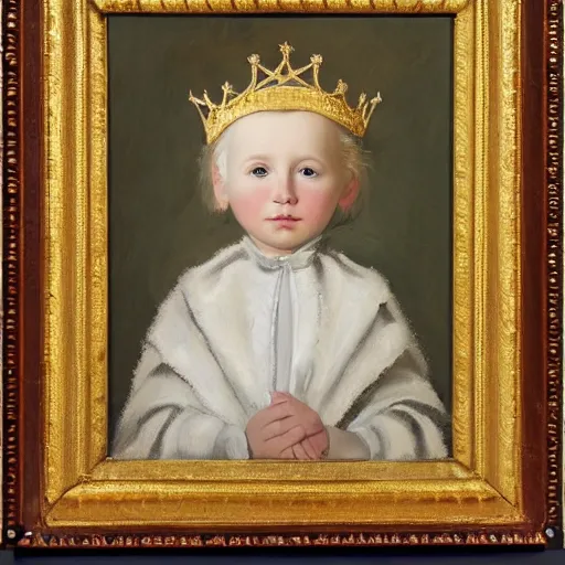 Prompt: portrait of a sharp eyed, sharped nose, freckles on chicks, white haired young king children, wearing a crown and suit, royal cape, oil painting