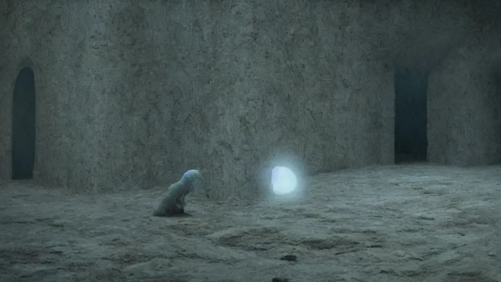 Prompt: a strange creature reveals the secrets of the universe, film still from the movie directed by Denis Villeneuve with art direction by Zdzisław Beksiński