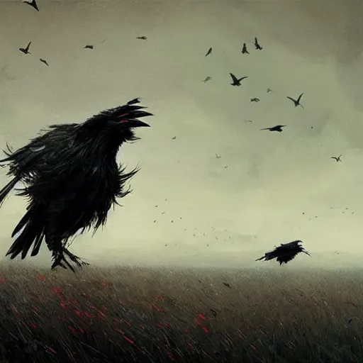 Image similar to A field full of crows, dark sky, art by greg rutkowski, trending on artstation.