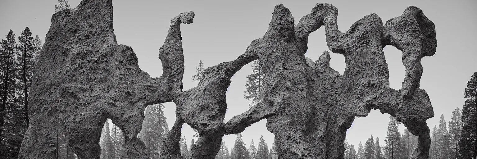 Prompt: to fathom hell or soar angelic, just take a pinch of psychedelic, medium format photograph of two colossal minimalistic necktie sculpture installations by antony gormley and anthony caro in yosemite national park, made from iron, marble, and limestone, granite peaks visible in the background, taken in the night