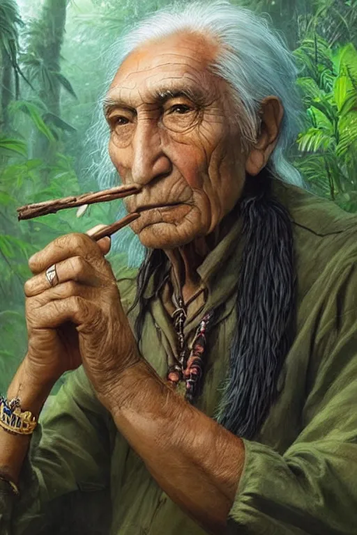 Image similar to a beautiful portrait of chief dan george taking tobacco snuff in the jungle, hyper realistic face, fantasy art, in the style of greg rutkowski, intricate, hyper detailed, smooth