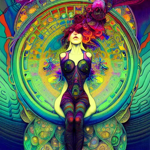 Image similar to An extremely colorful psychedelic experience, warping time and space, magic mushrooms, psilocybin, LSD, face, detailed, intricate, elegant, highly detailed, digital painting, artstation, concept art, smooth, sharp focus, illustration, art by Krenz Cushart and Artem Demura and alphonse mucha