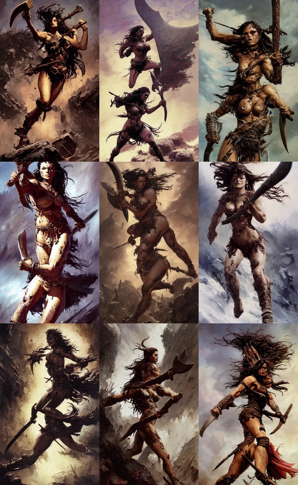 Prompt: An oil painting of a beautiful brunette berserker woman running with a bloodied war-axe, very aesthetic, detailed face, by Frank Frazetta, Greg Rutkowski, Boris Vallejo, Neal Hanson, Christian MacNevin, epic fantasy character art, goddess of war, detailed viking rune armor, high fantasy, full length, exquisite detail, post-processing, low angle, masterpiece, cinematic, colossal dragon in background