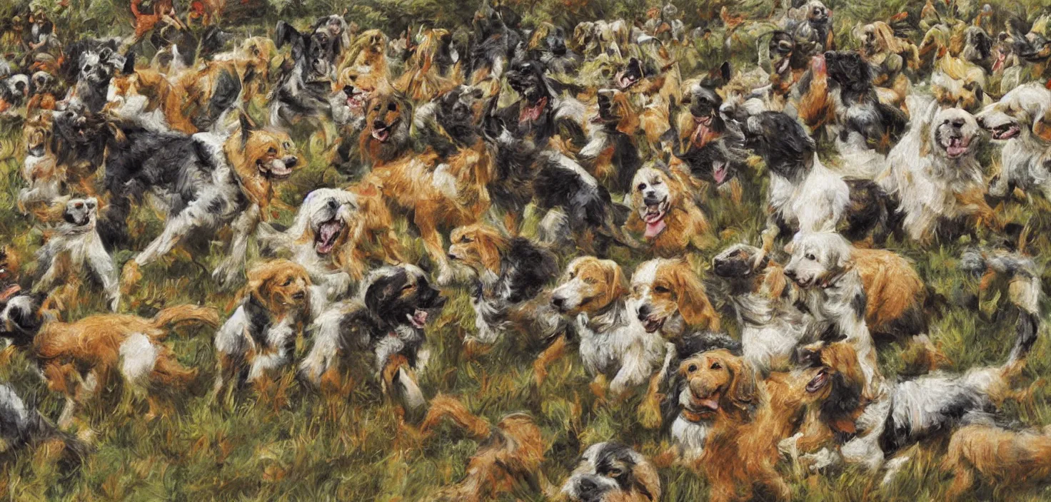 Image similar to cheerful painting of dogs at war, multiple points of focus, detailed painting by ralph goings, soft edges, tilt shift