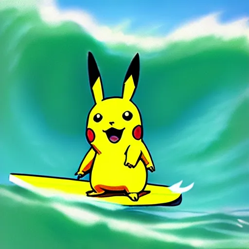 Image similar to pikachu surfing on a wave made of green slime, pokemon tcg image, trending on artstation