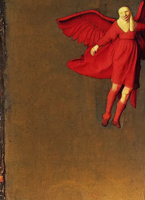 Image similar to Flying Fallen Angel with wings dressed in red, Medieval painting by Jan van Eyck, Johannes Vermeer, Florence